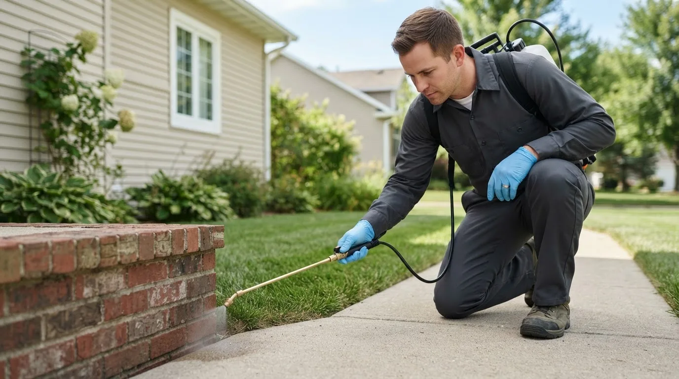 Pest control technician treating a home near Huron, OH