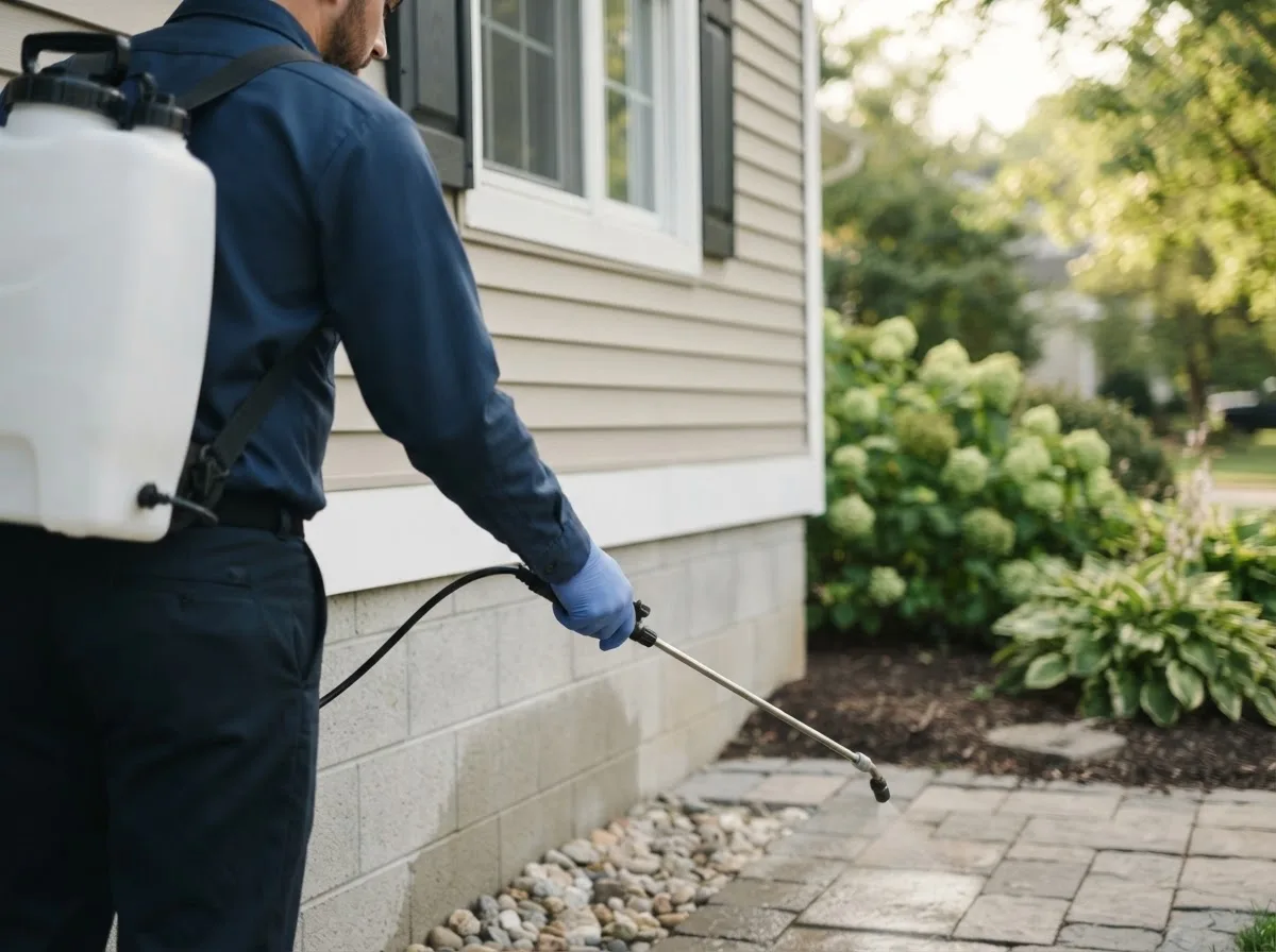Pest control technician inspecting a home in Huron, OH